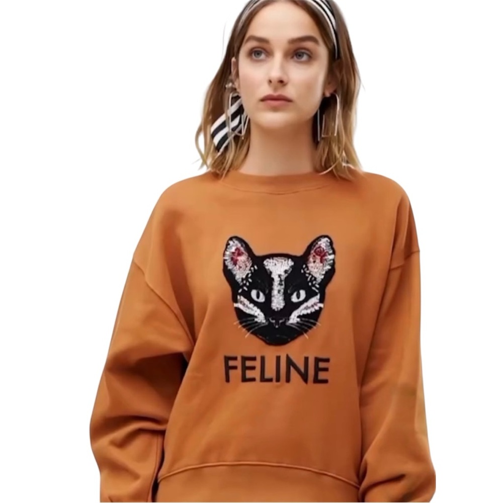 Stradivarius Amber Boxy Sweatshirt with Sequin and Bead Embellished Cat Feline